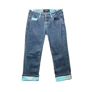 L.E.I. Teal Graphic‎ Print Cuffed Denim Capri Jeans Crop Medium Wash Size 7 Y2K